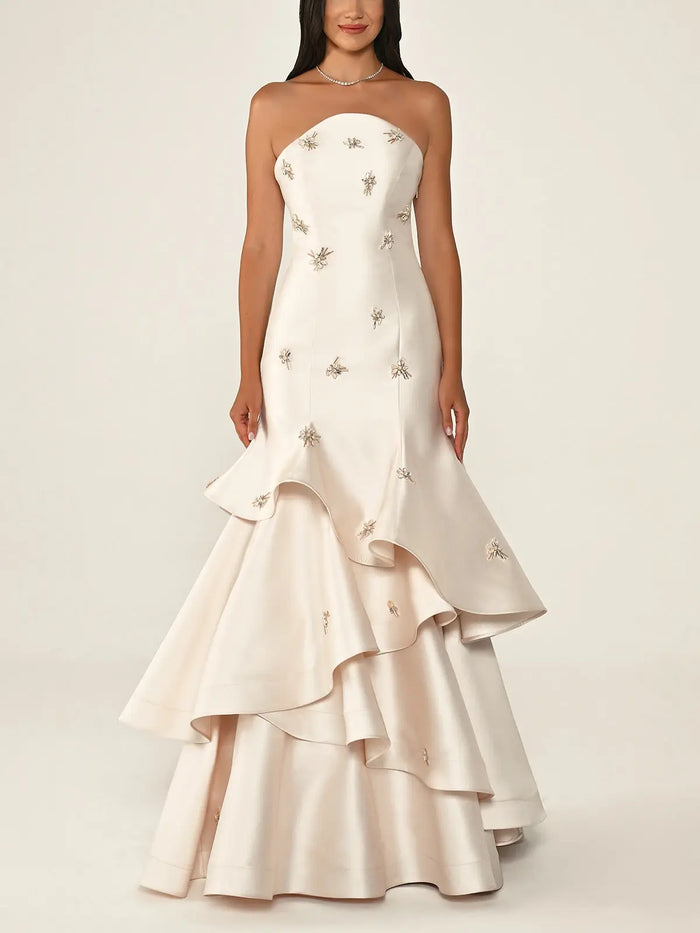 Ivory Satin Mermaid Evening Dress with Beaded Embroidery SF587 Sheer Fairy