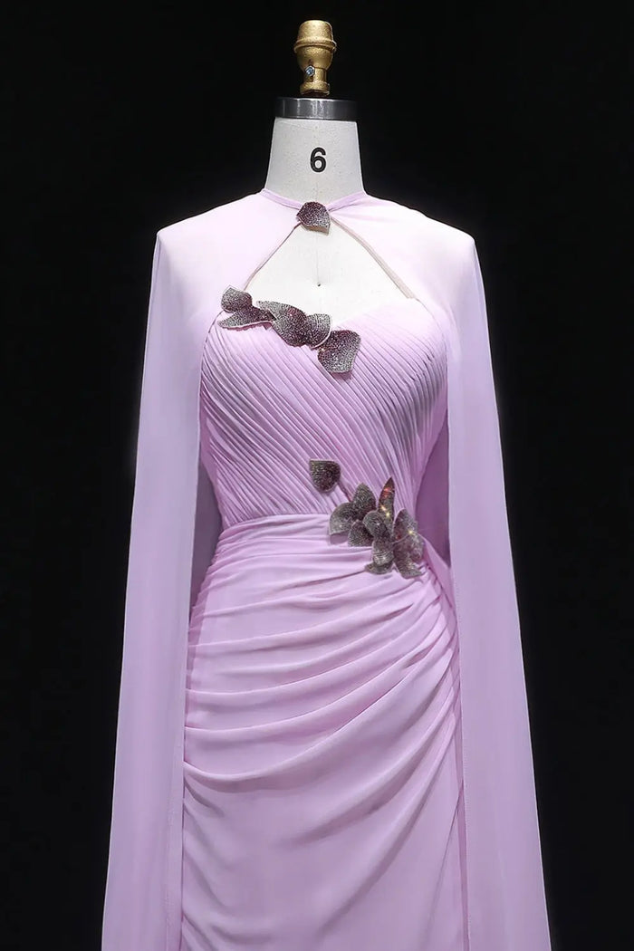 Light Pink 3D Floral Chiffon A-Line Evening Dress with Flowing Capelet SF223 Sheer Fairy