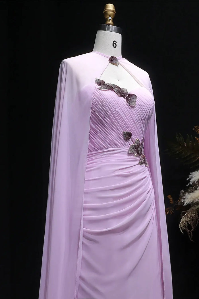 Light Pink 3D Floral Chiffon A-Line Evening Dress with Flowing Capelet SF223 Sheer Fairy