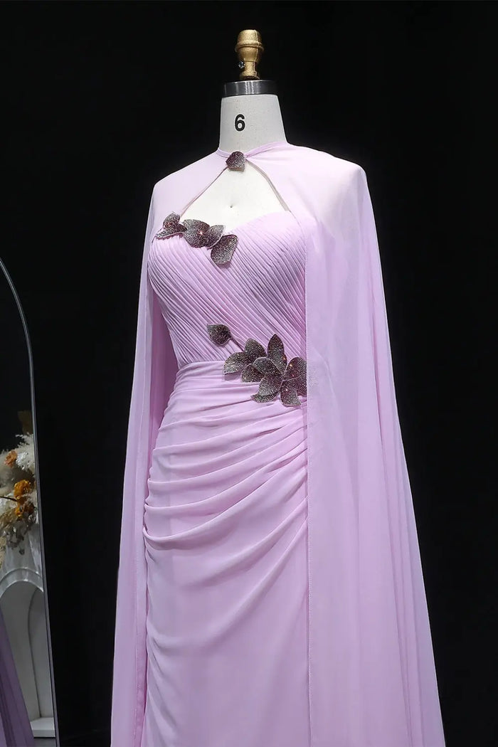 Light Pink 3D Floral Chiffon A-Line Evening Dress with Flowing Capelet SF223 Sheer Fairy