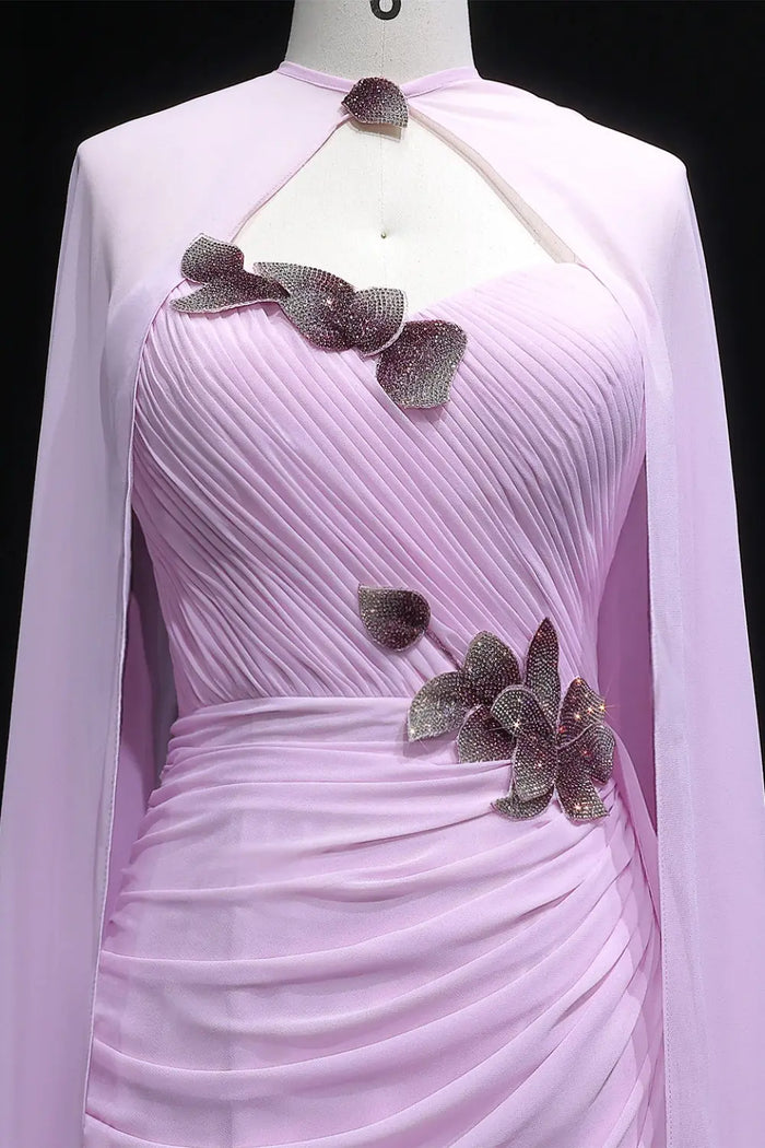 Light Pink 3D Floral Chiffon A-Line Evening Dress with Flowing Capelet SF223 Sheer Fairy