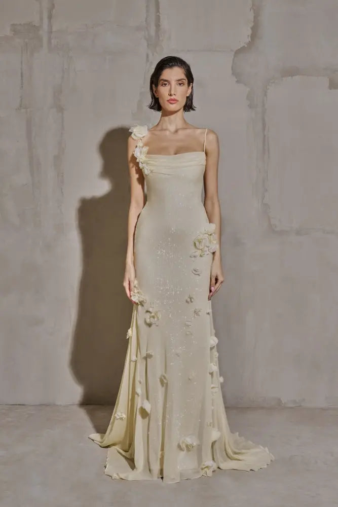 Light Yellow 3D Floral Chiffon Mermaid Evening Dress SF438 Sheer Fairy