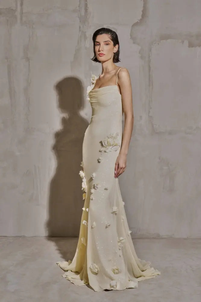Light Yellow 3D Floral Chiffon Mermaid Evening Dress SF438 Sheer Fairy