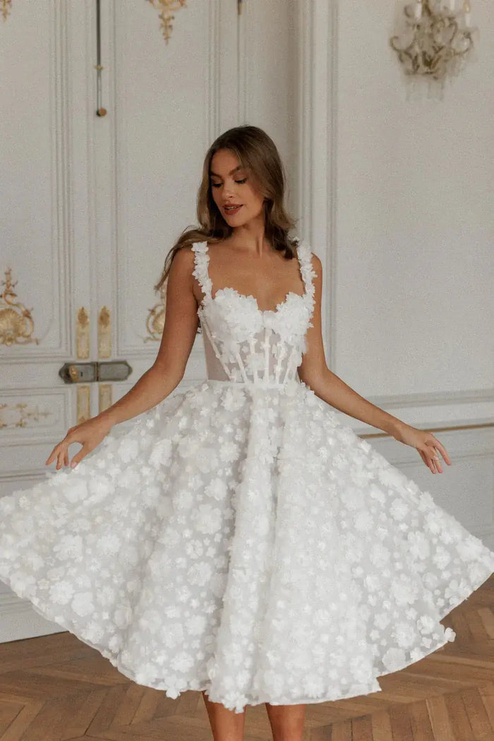 Luxury 3D Floral Lace Tea-Length Wedding Dress with Straps SW111 - SHEER FAIRY