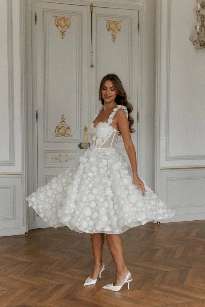 Luxury 3D Floral Lace Tea-Length Wedding Dress with Straps SW111 - SHEER FAIRY