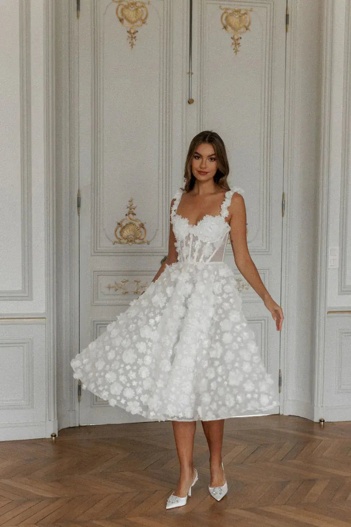 Luxury 3D Floral Lace Tea-Length Wedding Dress with Straps SW111 - SHEER FAIRY
