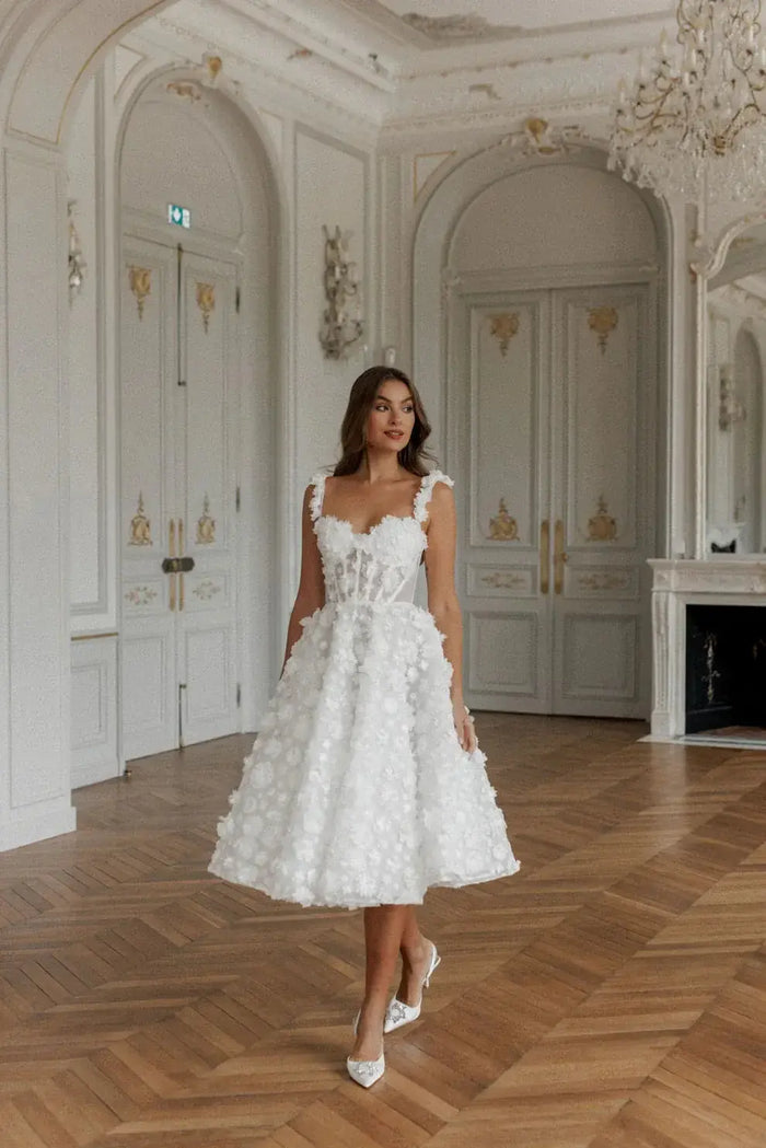 Luxury 3D Floral Lace Tea-Length Wedding Dress with Straps SW111 - SHEER FAIRY
