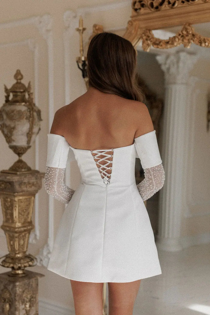 Luxury Chic Off Shoulder Satin Mini Wedding Dress with Gloves SW101 - SHEER FAIRY