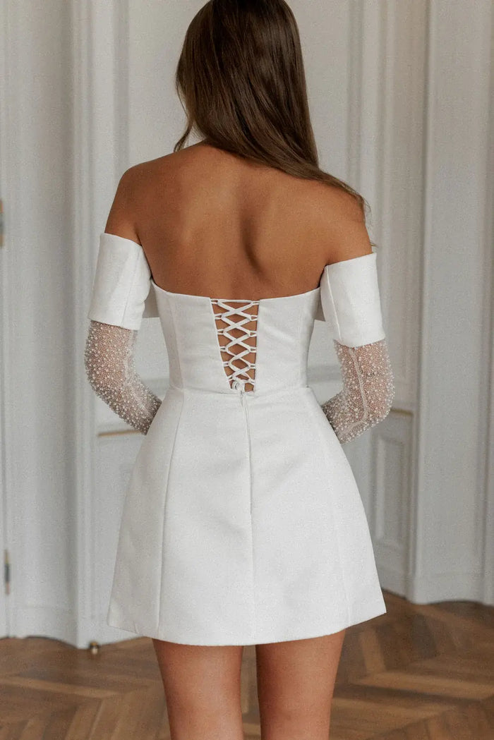 Luxury Chic Off Shoulder Satin Mini Wedding Dress with Gloves SW101 - SHEER FAIRY