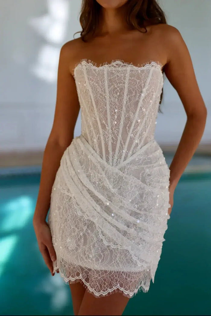 Luxury Drop Waist Draped Lace Corset Mini Wedding Dress SW093 - SHEER FAIRY