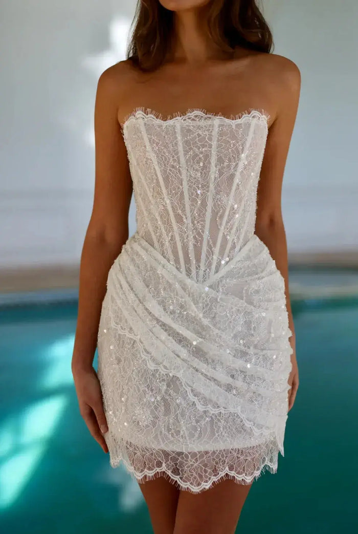 Luxury Drop Waist Draped Lace Corset Mini Wedding Dress SW093 - SHEER FAIRY