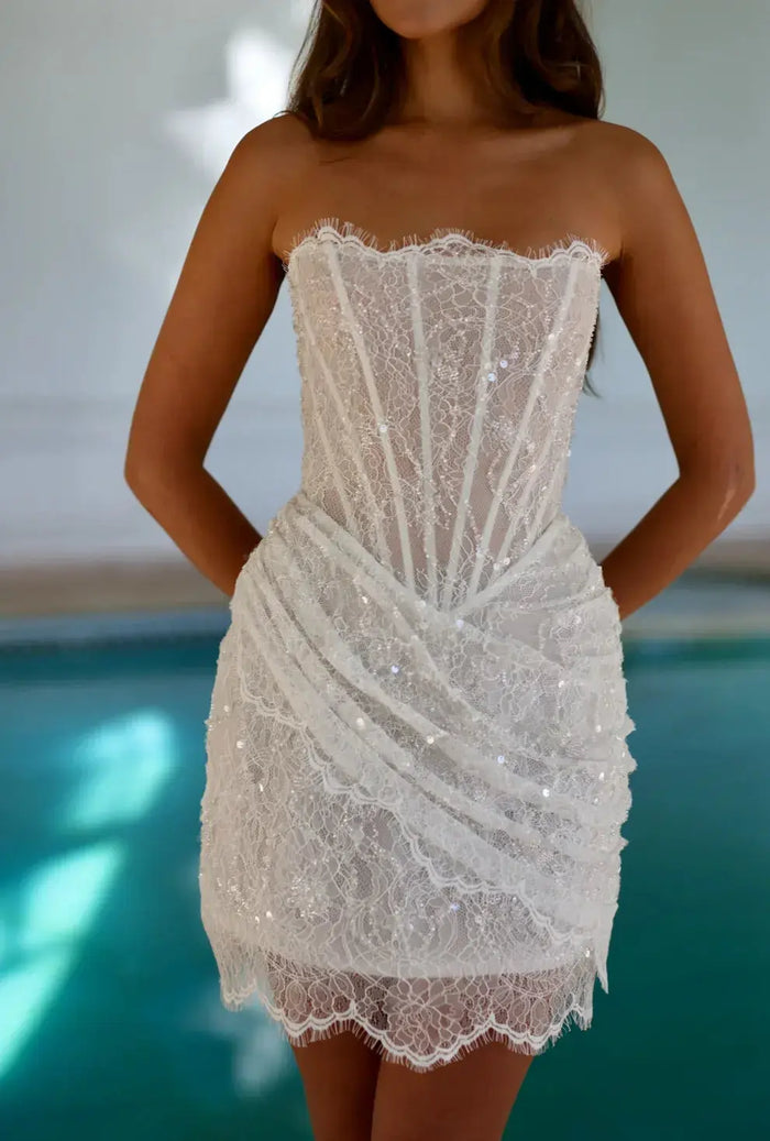 Luxury Drop Waist Draped Lace Corset Mini Wedding Dress SW093 - SHEER FAIRY