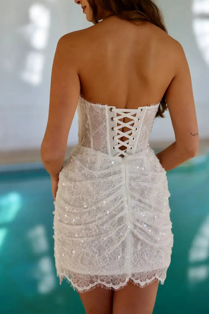 Luxury Drop Waist Draped Lace Corset Mini Wedding Dress SW093 - SHEER FAIRY