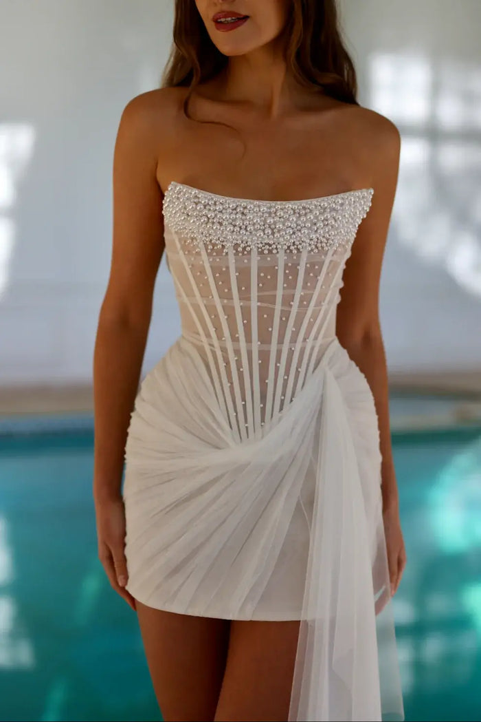 Luxury Mini Drop Waist Wedding Dress with Draped Tulle SW090 - SHEER FAIRY