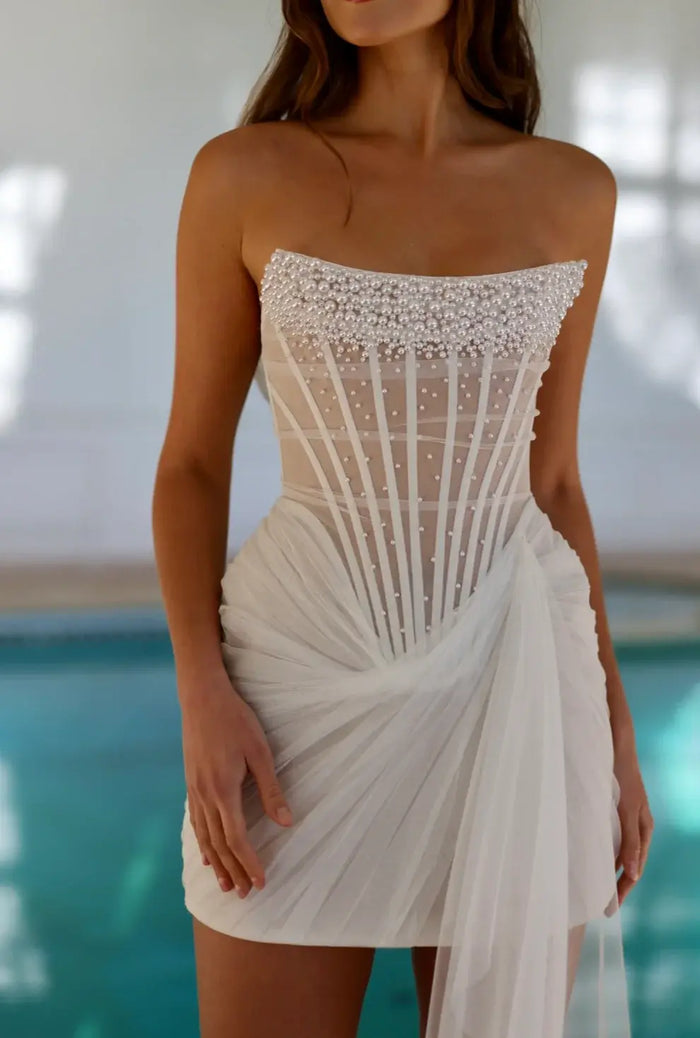 Luxury Mini Drop Waist Wedding Dress with Draped Tulle SW090 - SHEER FAIRY