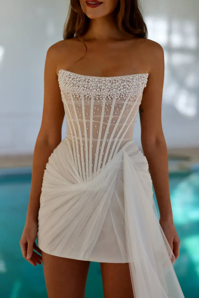 Luxury Mini Drop Waist Wedding Dress with Draped Tulle SW090 - SHEER FAIRY
