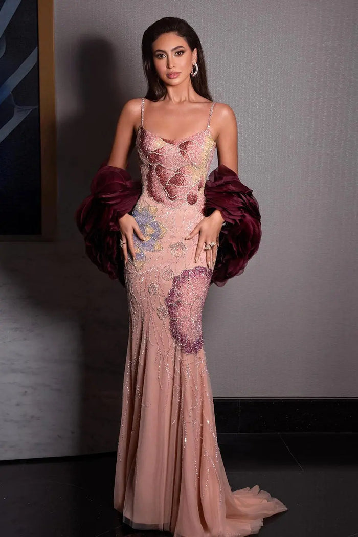 Luxury Pink Beaded Plunging Mermaid Evening Dress SS515 Sheer Fairy