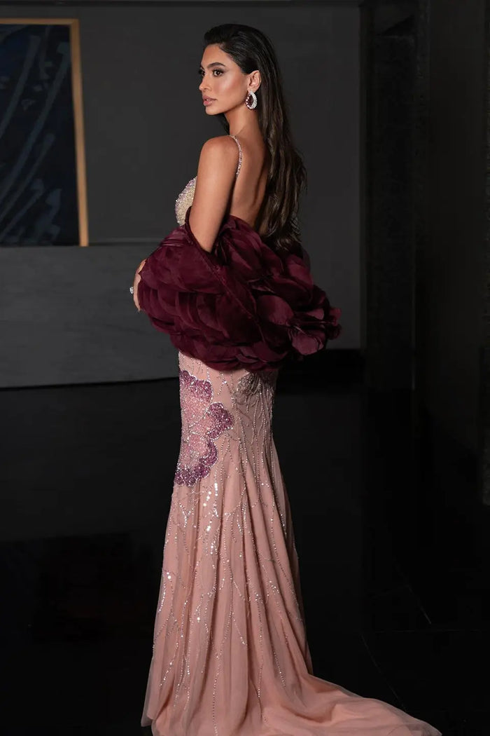 Luxury Pink Beaded Plunging Mermaid Evening Dress SS515 Sheer Fairy