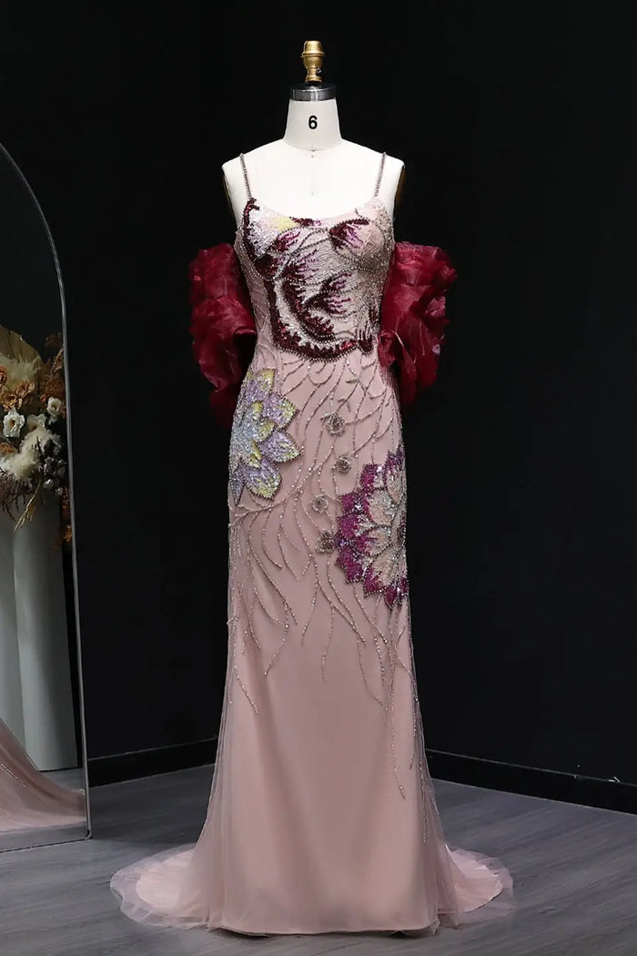 Luxury Pink Beaded Plunging Mermaid Evening Dress SS515 Sheer Fairy