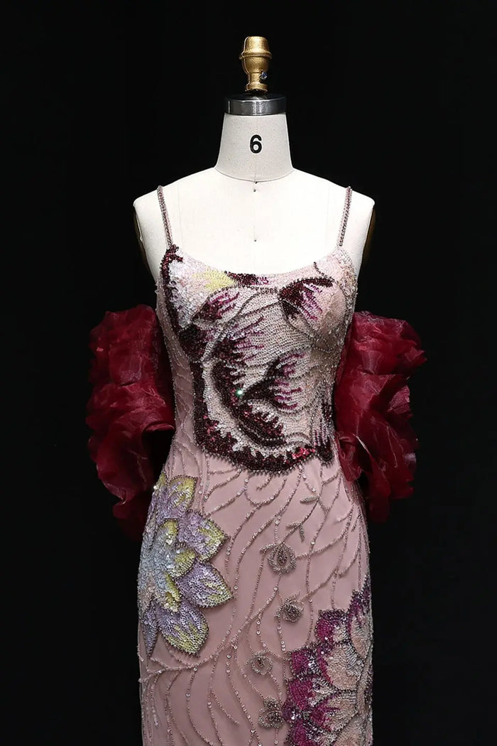 Luxury Pink Beaded Plunging Mermaid Evening Dress SS515 Sheer Fairy