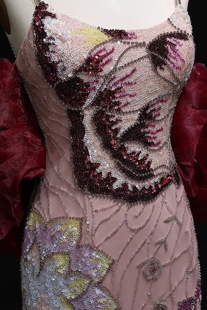 Luxury Pink Beaded Plunging Mermaid Evening Dress SS515 Sheer Fairy