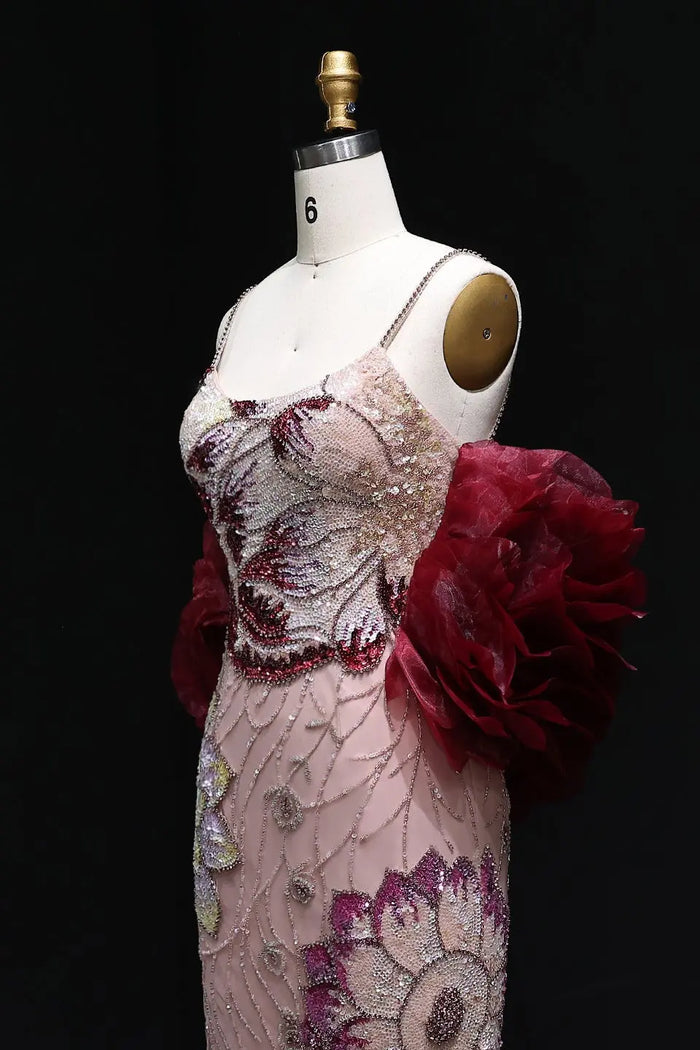 Luxury Pink Beaded Plunging Mermaid Evening Dress SS515 Sheer Fairy
