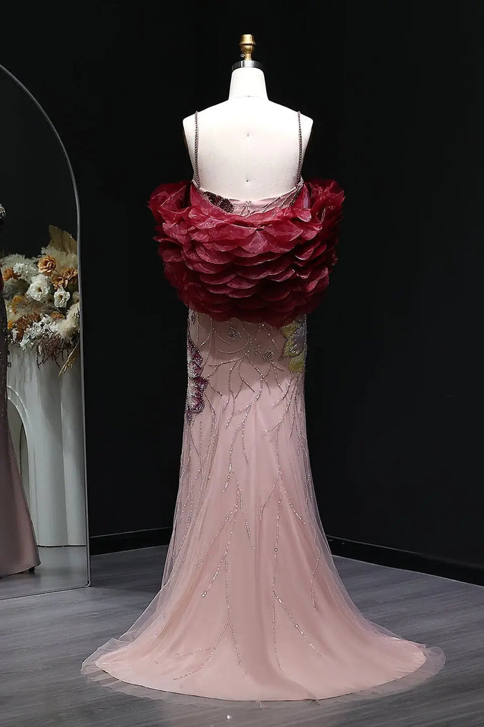 Luxury Pink Beaded Plunging Mermaid Evening Dress SS515 Sheer Fairy