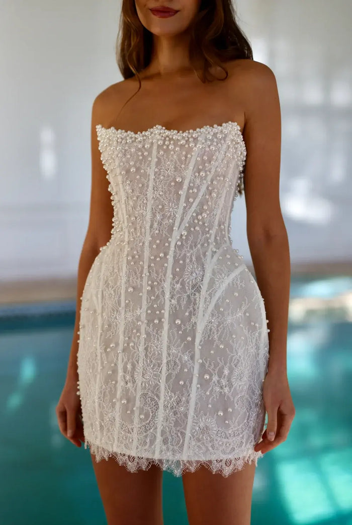 Luxury Romantic Beaded Drop Waist Mini Wedding Dress SW091 Sheer Fairy