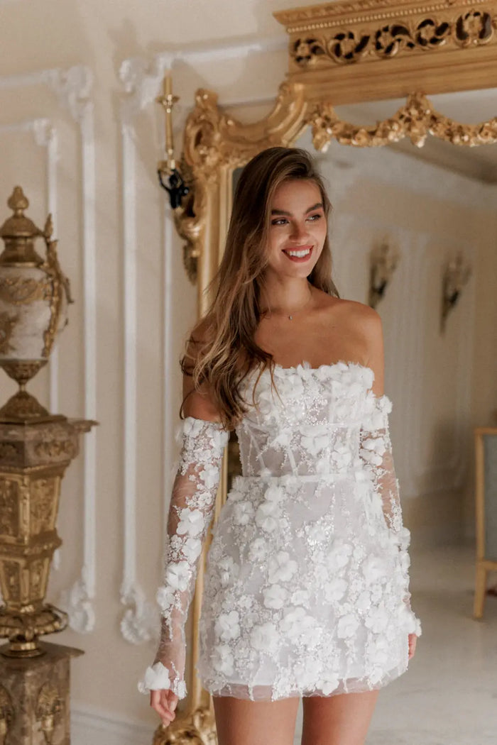 Luxury Romantic Off Shoulder Sequin Mini Wedding Dress with Arm Sleeves SW084 Sheer Fairy