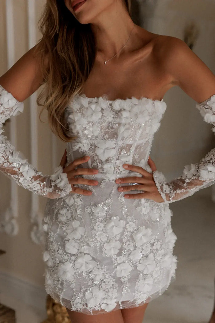 Luxury Romantic Off Shoulder Sequin Mini Wedding Dress with Arm Sleeves SW084 Sheer Fairy