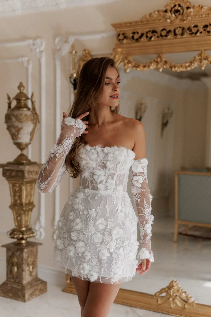 Luxury Romantic Off Shoulder Sequin Mini Wedding Dress with Arm Sleeves SW084 Sheer Fairy