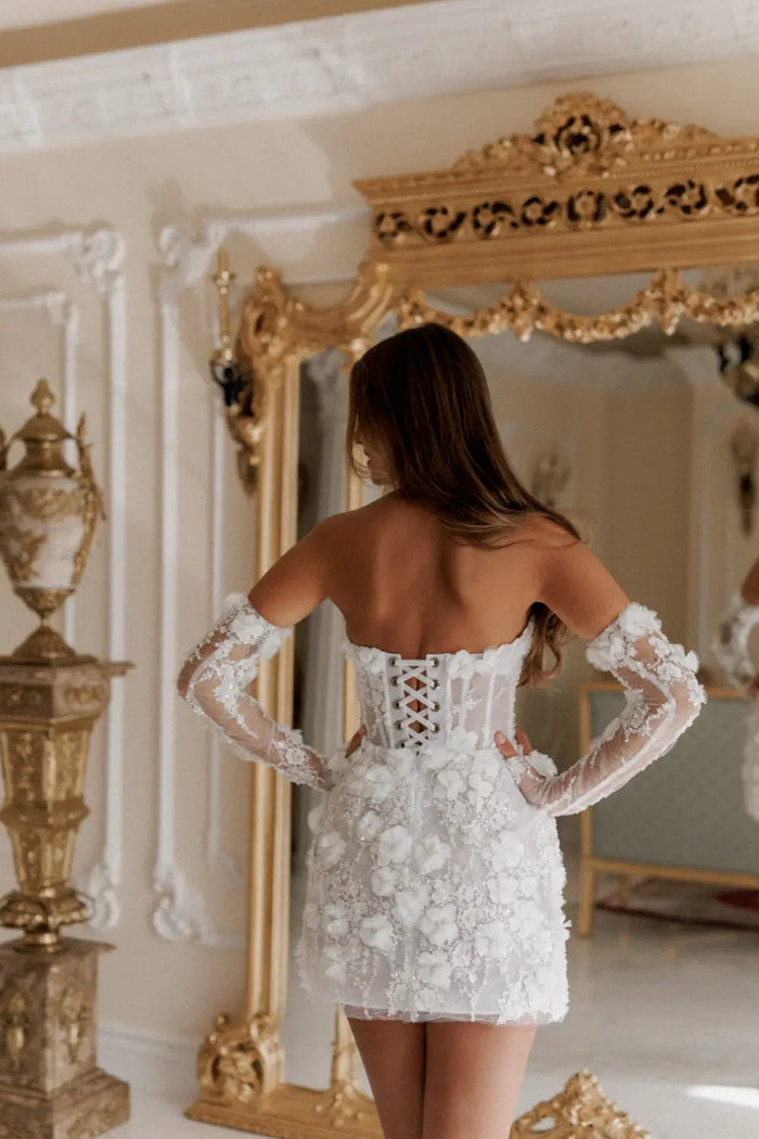 Luxury Romantic Off Shoulder Sequin Mini Wedding Dress with Arm Sleeves SW084 Sheer Fairy