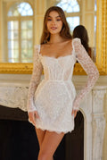 Luxury Sequin Long Sleeve Drop Waist Mini Wedding Dress SW094 - SHEER FAIRY