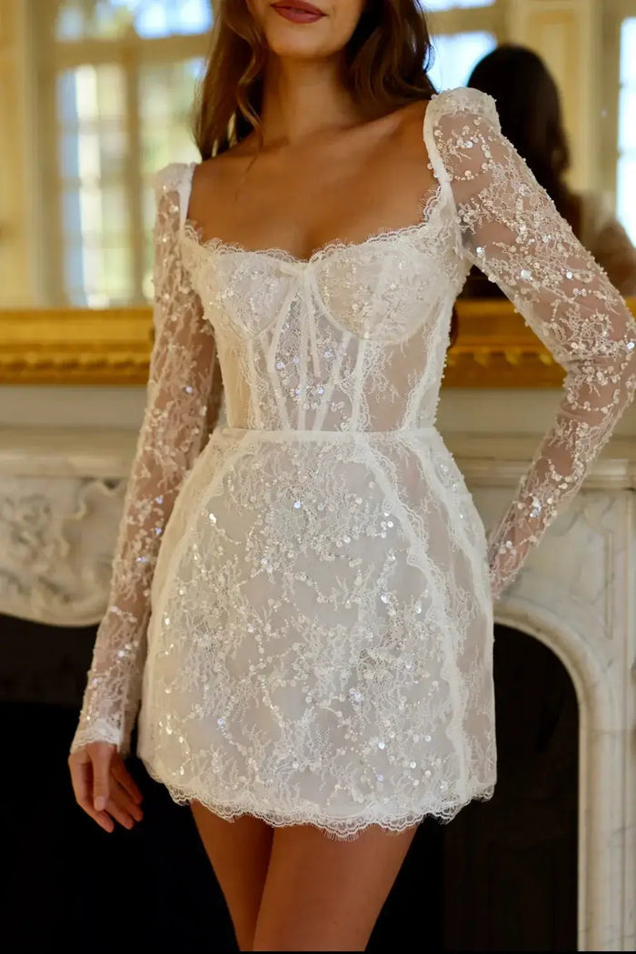 Luxury Sequin Long Sleeve Drop Waist Mini Wedding Dress SW094 - SHEER FAIRY