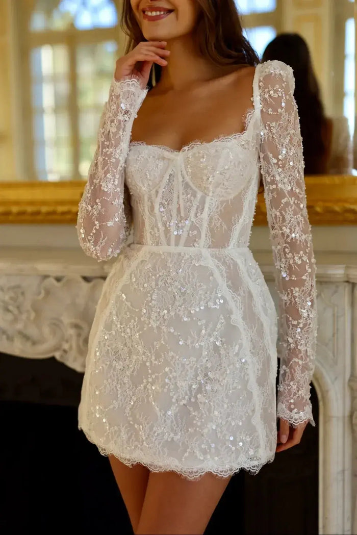 Luxury Sequin Long Sleeve Drop Waist Mini Wedding Dress SW094 - SHEER FAIRY