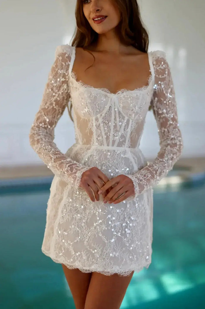 Luxury Sequin Long Sleeve Drop Waist Mini Wedding Dress SW094 - SHEER FAIRY