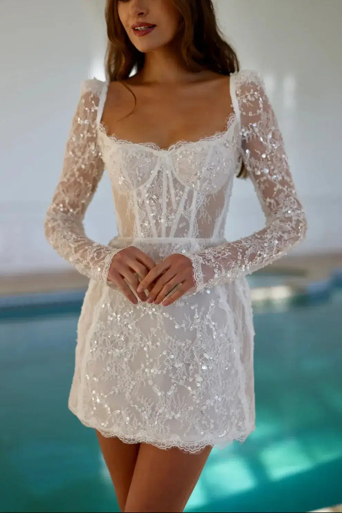 Luxury Sequin Long Sleeve Drop Waist Mini Wedding Dress SW094 - SHEER FAIRY