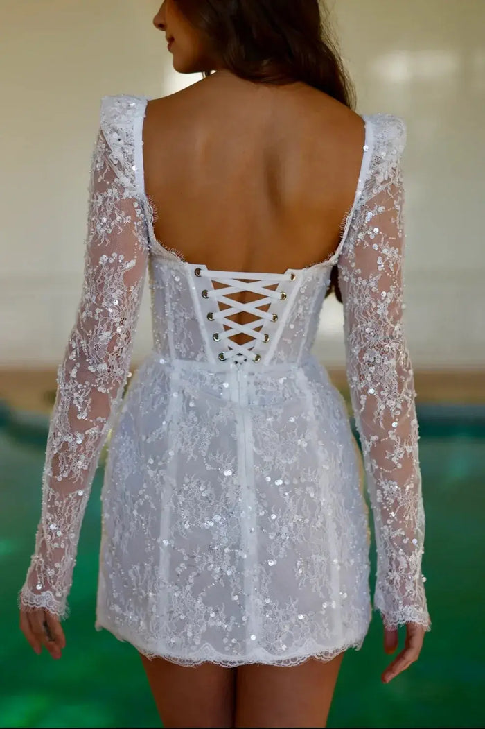 Luxury Sequin Long Sleeve Drop Waist Mini Wedding Dress SW094 - SHEER FAIRY