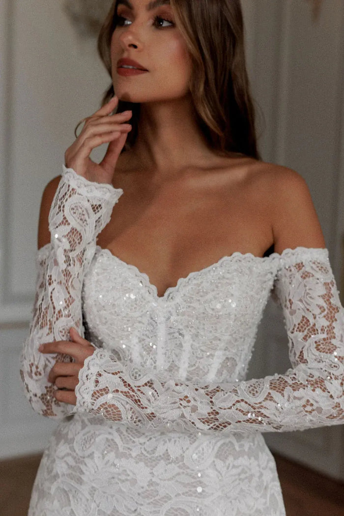Luxury Sequin Off Shoulder Mini Wedding Dress with Long Sleeves SW099 - SHEER FAIRY