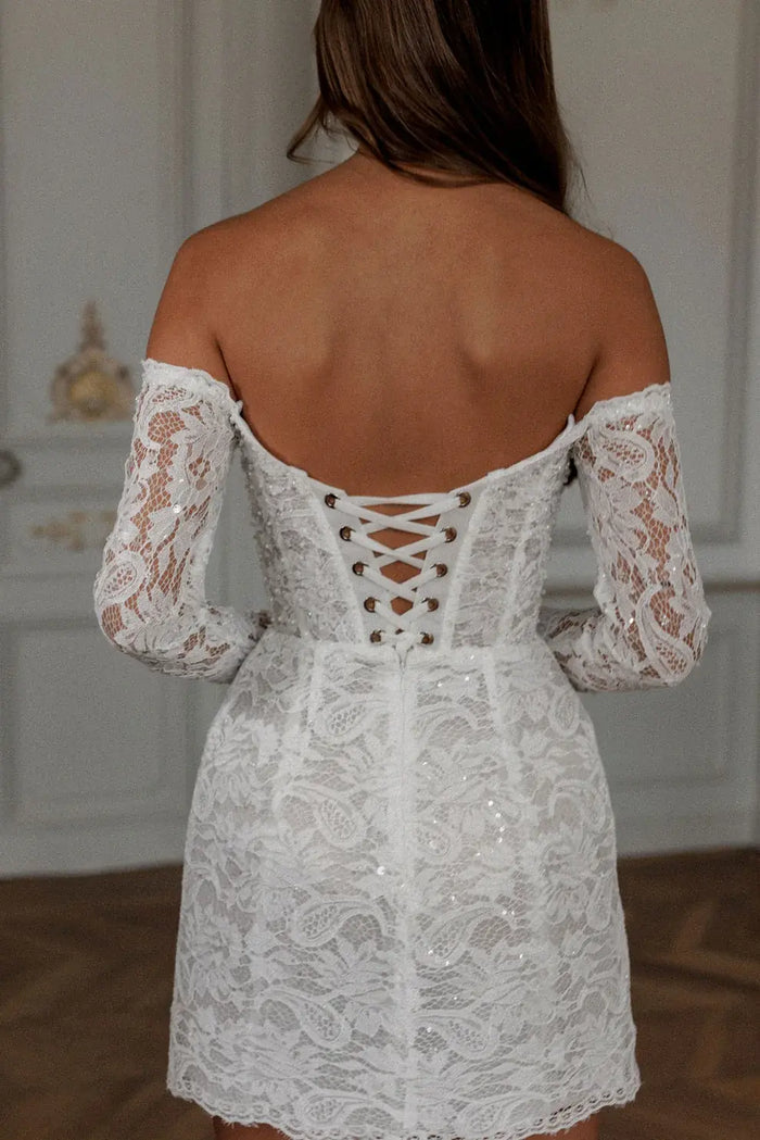 Luxury Sequin Off Shoulder Mini Wedding Dress with Long Sleeves SW099 - SHEER FAIRY