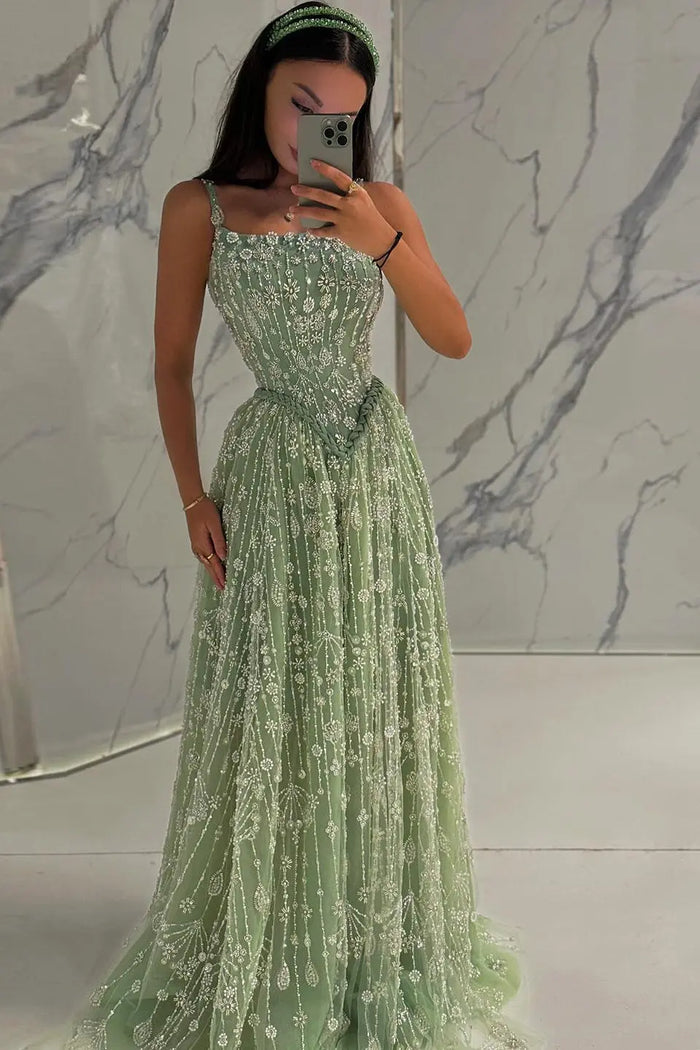 Luxury Sequined Floral Lace Square Neck A-Line Evening Dress SS693 Sheer Fairy