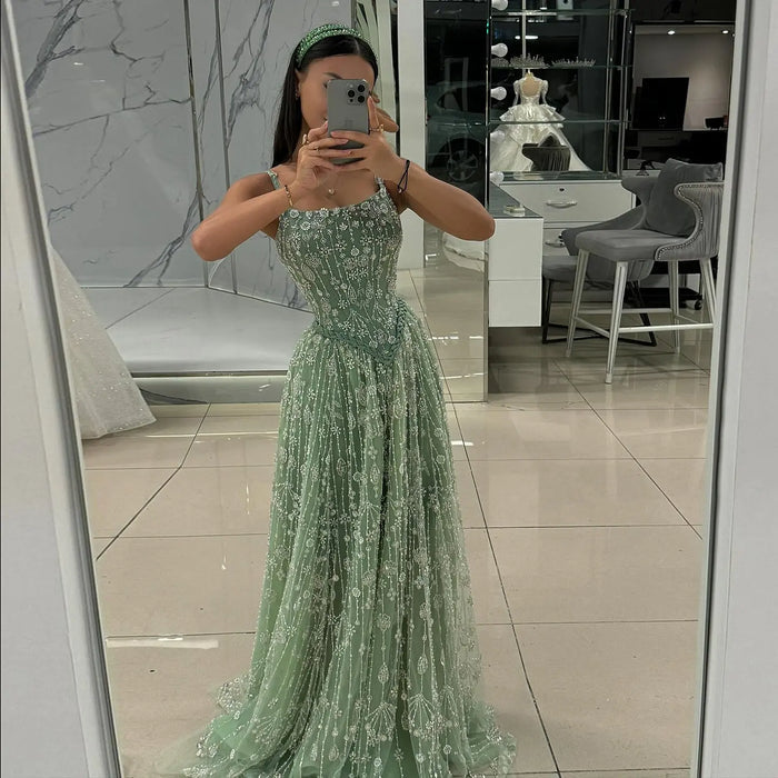 Luxury Sequined Floral Lace Square Neck A-Line Evening Dress SS693 Sheer Fairy