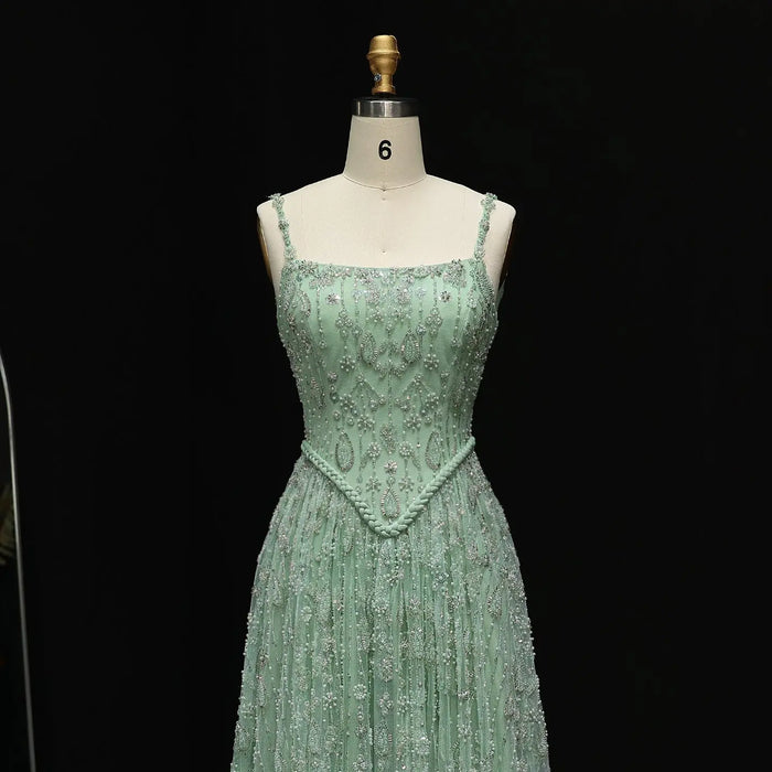 Luxury Sequined Floral Lace Square Neck A-Line Evening Dress SS693 Sheer Fairy
