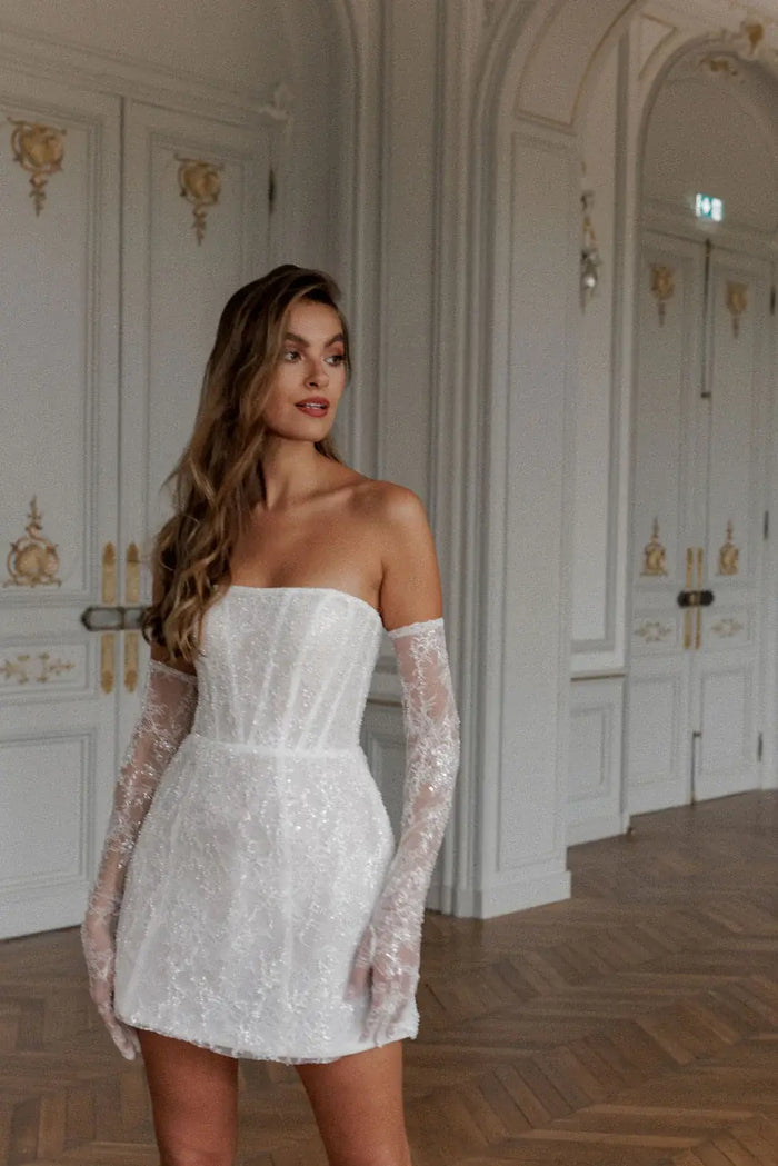 Luxury Sequins white Mini Wedding Dress with Gloves SW104 - SHEER FAIRY