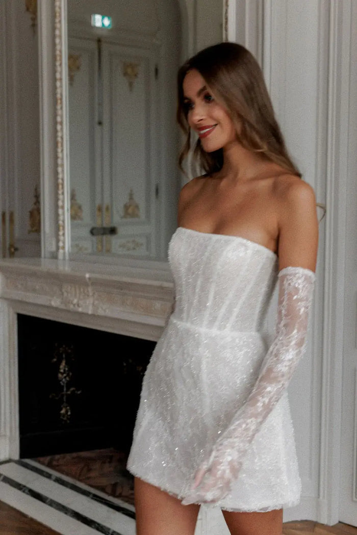 Luxury Sequins white Mini Wedding Dress with Gloves SW104 - SHEER FAIRY