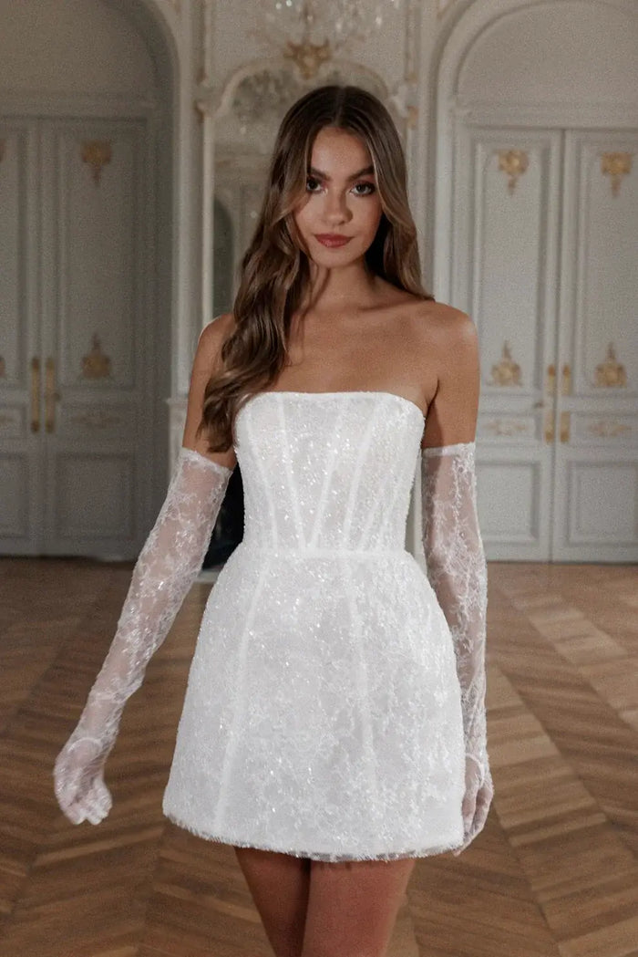 Luxury Sequins white Mini Wedding Dress with Gloves SW104 - SHEER FAIRY
