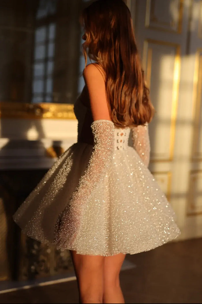 Luxury Sparkly White Corset Mini Wedding Dress with Gloves SW107 - SHEER FAIRY