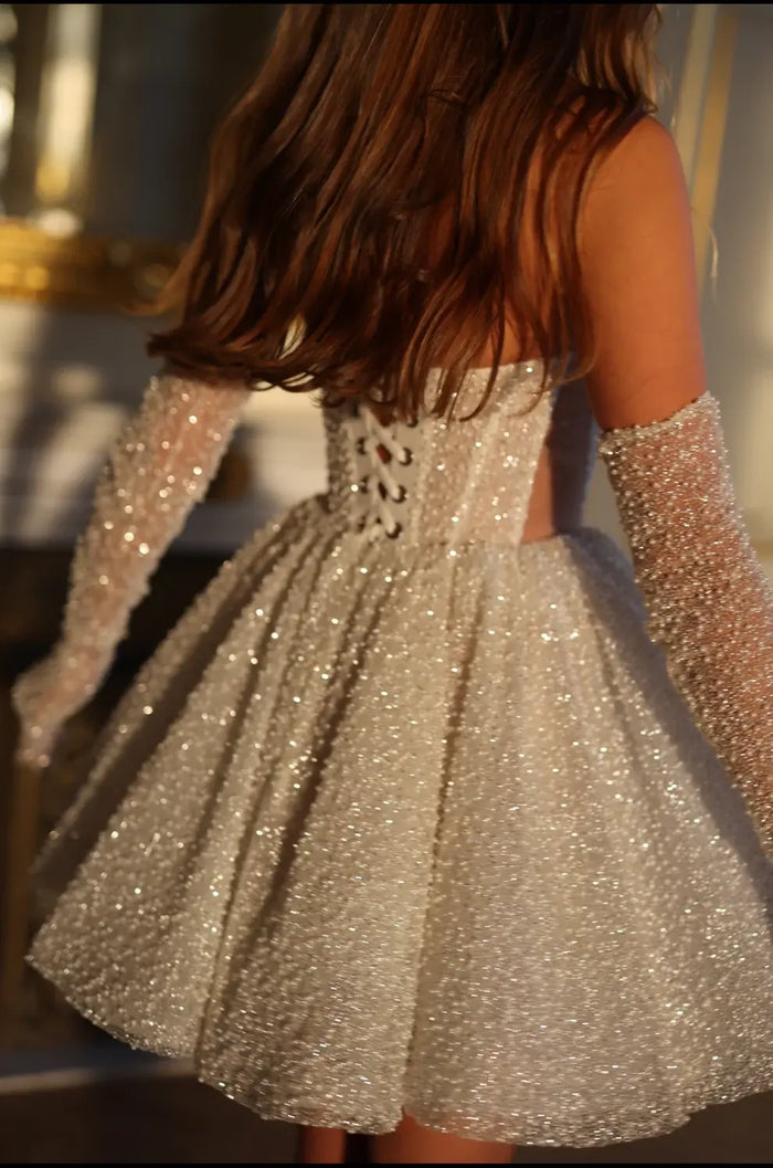 Luxury Sparkly White Corset Mini Wedding Dress with Gloves SW107 - SHEER FAIRY