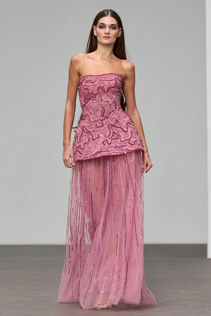 Luxury Two-Piece Peplum Beaded Fringe Evening Dress SS218 Sheer Fairy