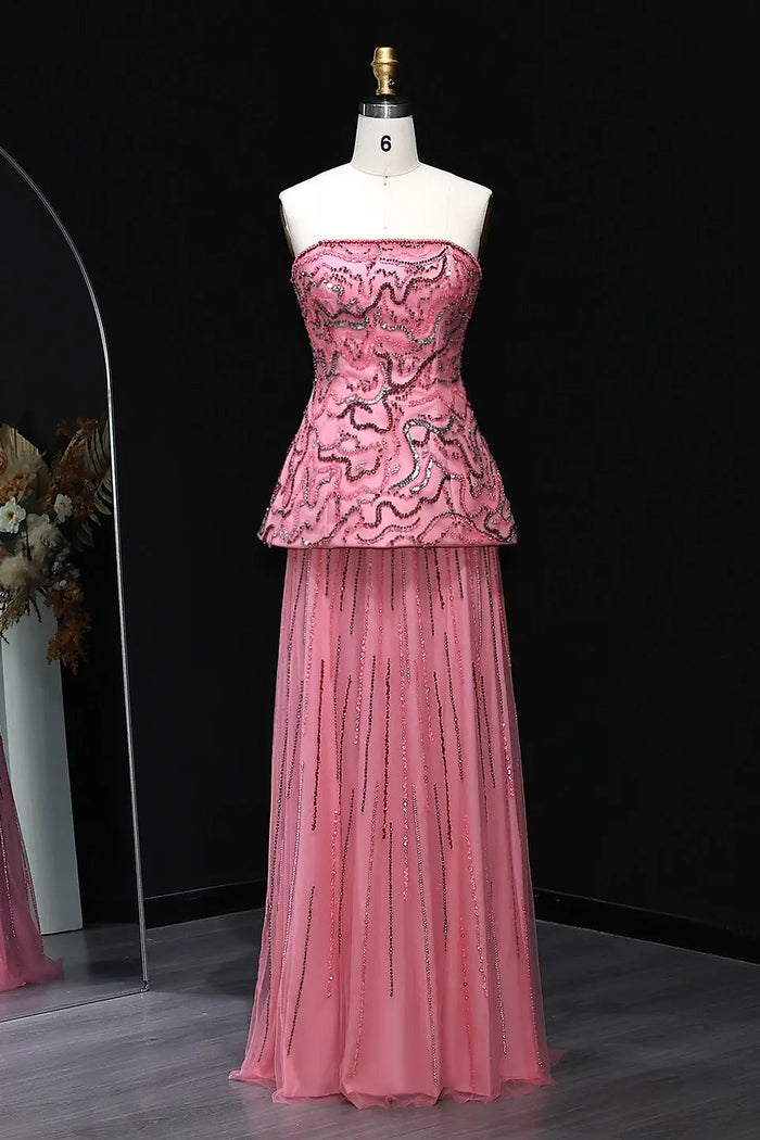Luxury Two-Piece Peplum Beaded Fringe Evening Dress SS218 Sheer Fairy